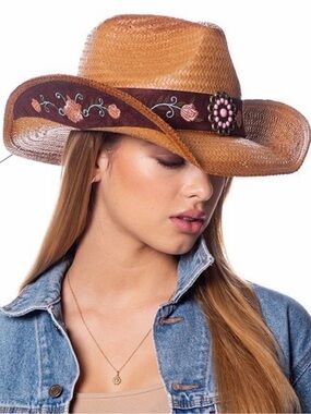 Embroidered Straw Western Hat with Floral Band - Brown